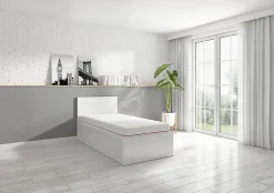 Lit coffre 90x200 avec sommier et rangement, coloris Blanc brillant - Longueur 204,5 x Profondeur 99 x Hauteur 95/40,5 cm>Pegane Discount