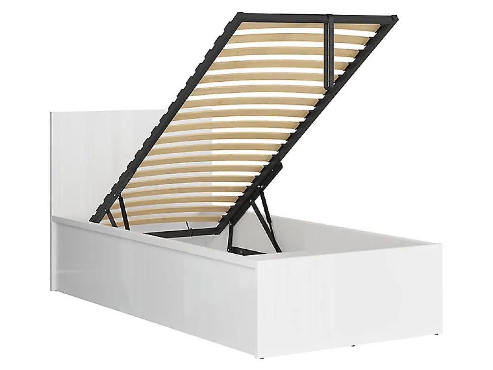 Lit coffre 90x200 avec sommier et rangement, coloris Blanc brillant - Longueur 204,5 x Profondeur 99 x Hauteur 95/40,5 cm>Pegane Discount
