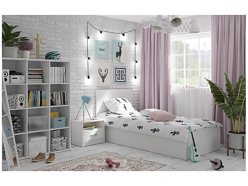 Lit coffre 90x200 avec sommier et rangement, coloris Blanc brillant - Longueur 204,5 x Profondeur 99 x Hauteur 95/40,5 cm>Pegane Discount