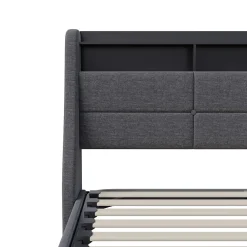 Lit Coffre 140x190 avec sommier LED et USB,Lit Double rembourré avec Rangement hydraulique pour Adultes et Adolescents, Lin, Gris><noscript><img width=