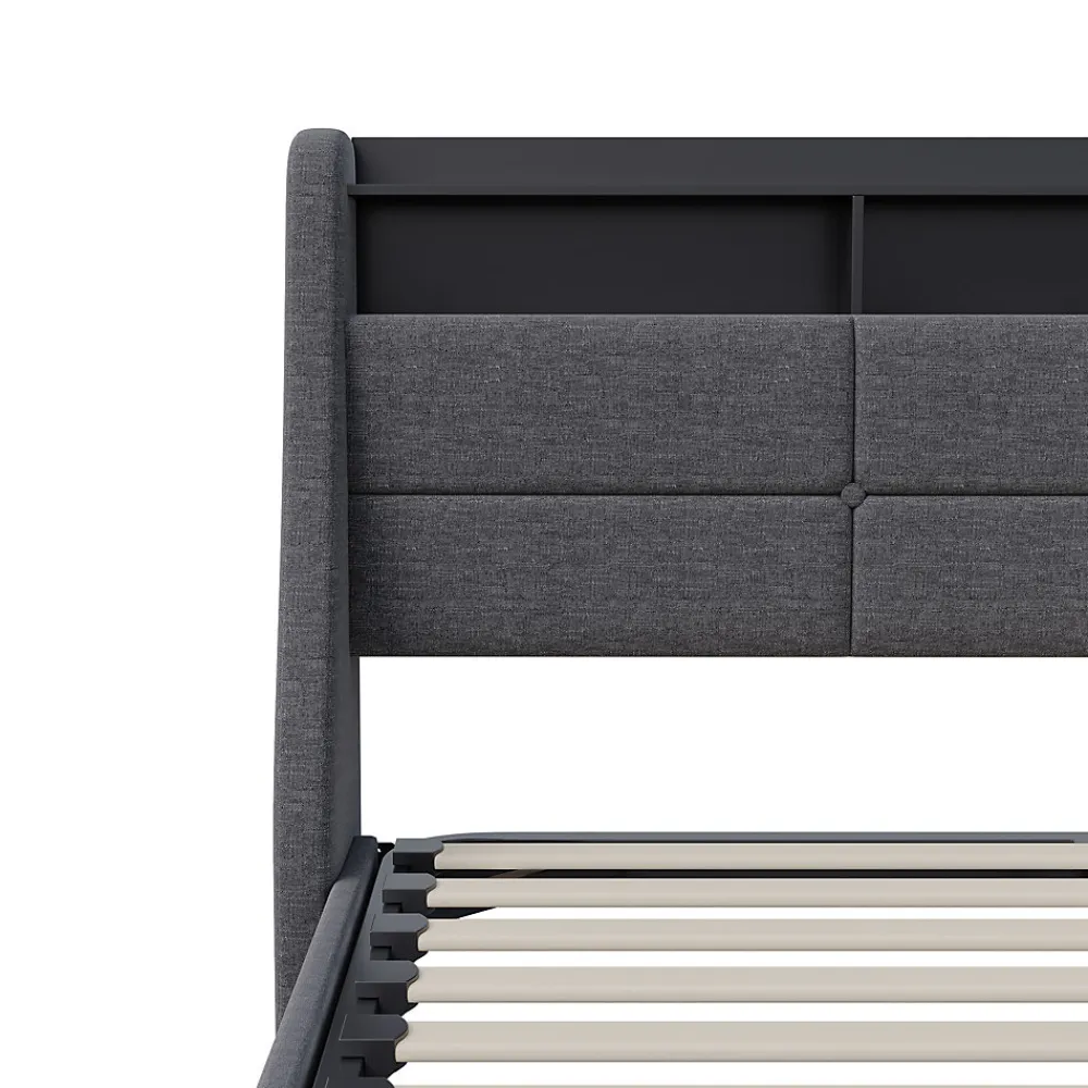 Lit Coffre 140x190 avec sommier LED et USB,Lit Double rembourré avec Rangement hydraulique pour Adultes et Adolescents, Lin, Gris>Simple Life Discount