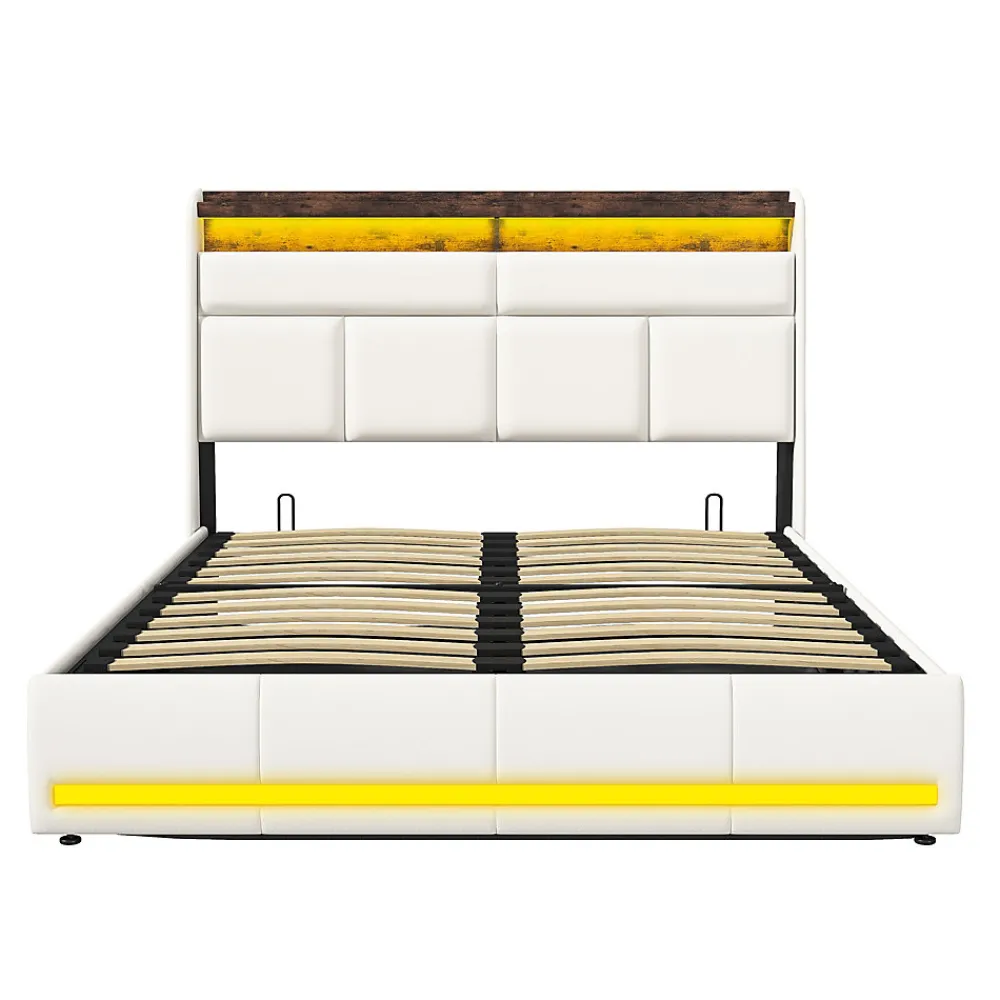 Lit Coffre 160x200 Avec Sommier Et USB, LED, Cadre De Lit Avec Rangement Et Tete De Lit, Blanc>Simple Life Clearance