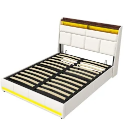 Lit Coffre 160x200 Avec Sommier Et USB, LED, Cadre De Lit Avec Rangement Et Tete De Lit, Blanc><noscript><img width=