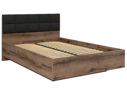 Lit coffre 140x200 avec tête de lit rembourrée noir, sommier et rangement ,coloris Chêne marron foncé>Pegane Discount