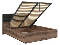 Lit coffre 140x200 avec tête de lit rembourrée noir, sommier et rangement ,coloris Chêne marron foncé>Pegane Discount