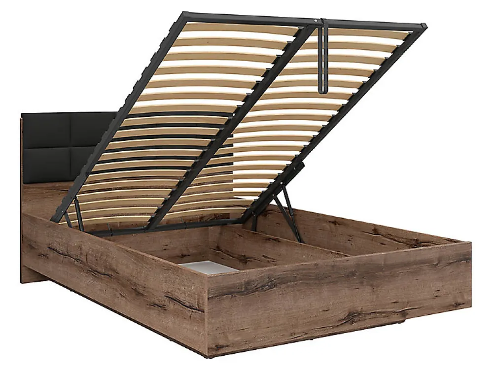 Lit coffre 140x200 avec tête de lit rembourrée noir, sommier et rangement ,coloris Chêne marron foncé>Pegane Discount