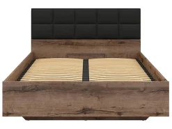 Lit coffre 140x200 avec tête de lit rembourrée noir, sommier et rangement ,coloris Chêne marron foncé><noscript><img width=