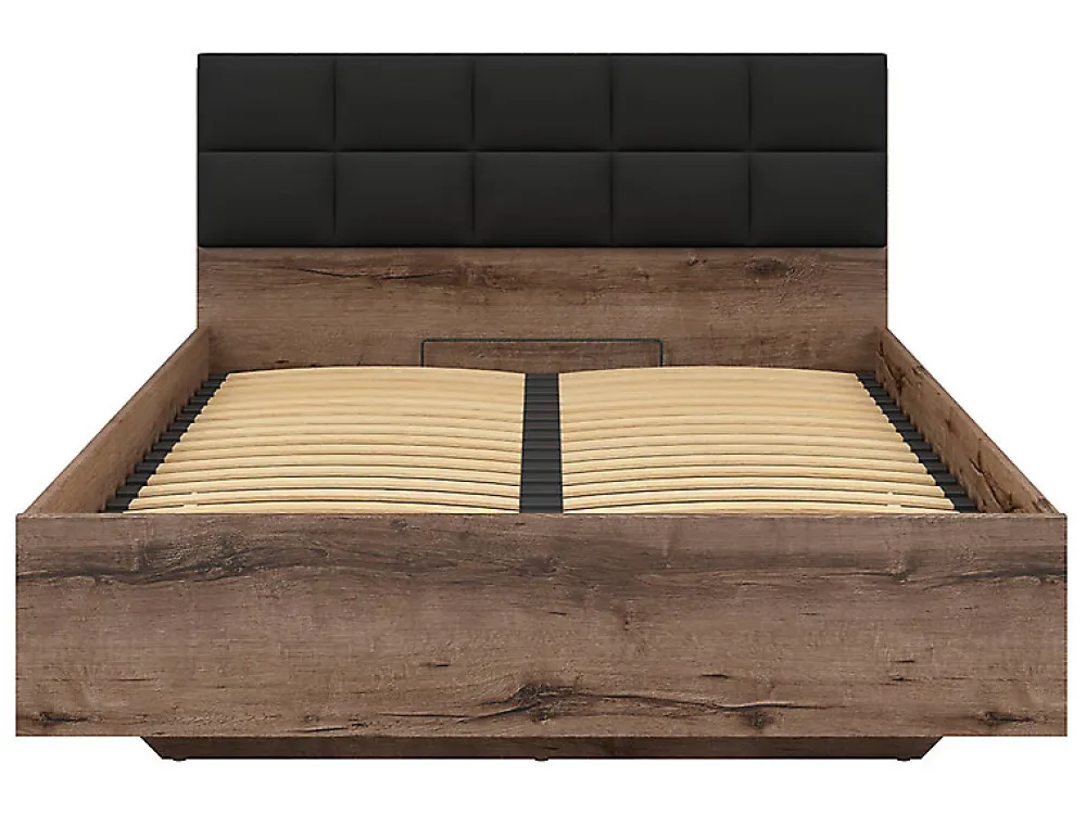 Lit coffre 140x200 avec tête de lit rembourrée noir, sommier et rangement ,coloris Chêne marron foncé>Pegane Discount