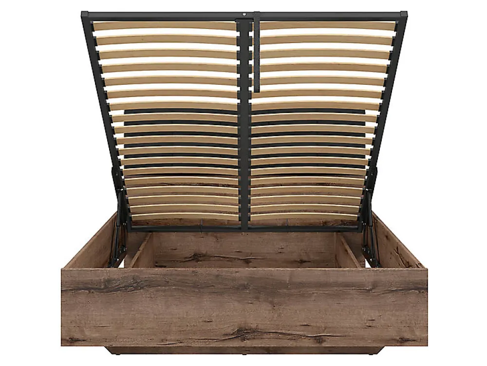 Lit coffre 140x200 avec tête de lit rembourrée noir, sommier et rangement ,coloris Chêne marron foncé>Pegane Discount