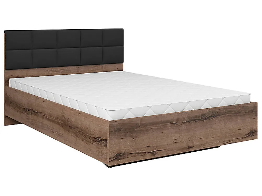 Lit coffre 140x200 avec tête de lit rembourrée noir, sommier et rangement ,coloris Chêne marron foncé>Pegane Discount