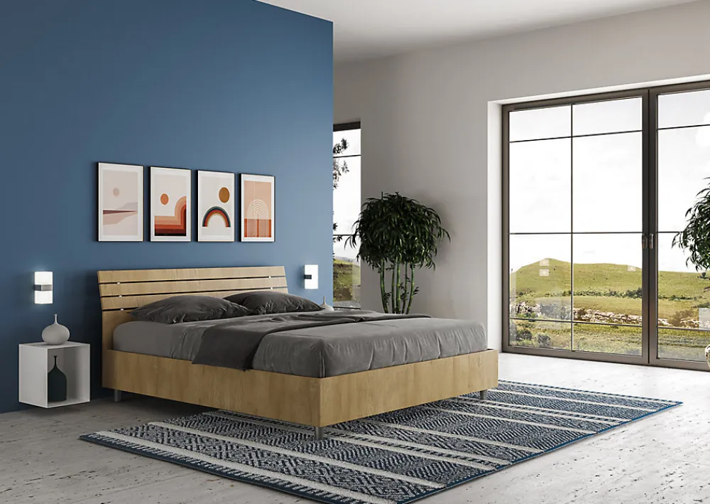 Lit coffre 160x190 avec tête de lit inclinée à lattes en chêne Ankel>Ityhome Online