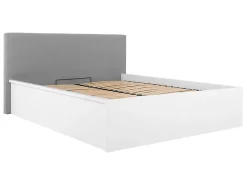 Lit coffre 160x200 avec tête de lit capitonnée ,coloris Blanc brillant/Textile Noir - L. 209,5 x P. 176 x H. 95/40,5 cm>Pegane Discount