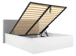 Lit coffre 160x200 avec tête de lit capitonnée ,coloris Blanc brillant/Textile Noir - L. 209,5 x P. 176 x H. 95/40,5 cm>Pegane Discount