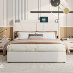 Lit Coffre 140x200 avec USB et Type C, Lit capitonné avec Sommier à Lattes, Lit Double, Beige>Simple Life Hot
