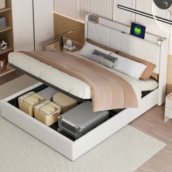 Lit Coffre 140x200 avec USB et Type C, Lit capitonné avec Sommier à Lattes, Lit Double, Beige>Simple Life Hot