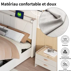 Lit Coffre 140x200 avec USB et Type C, Lit capitonné avec Sommier à Lattes, Lit Double, Beige><noscript><img width=