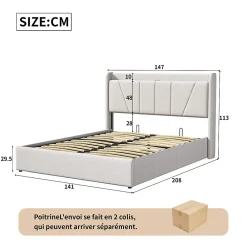 Lit Coffre 140x200 avec USB et Type C, Lit capitonné avec Sommier à Lattes, Lit Double, Beige><noscript><img width=