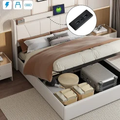 Lit Coffre 140x200 avec USB et Type C, Lit capitonné avec Sommier à Lattes, Lit Double, Beige><noscript><img width=