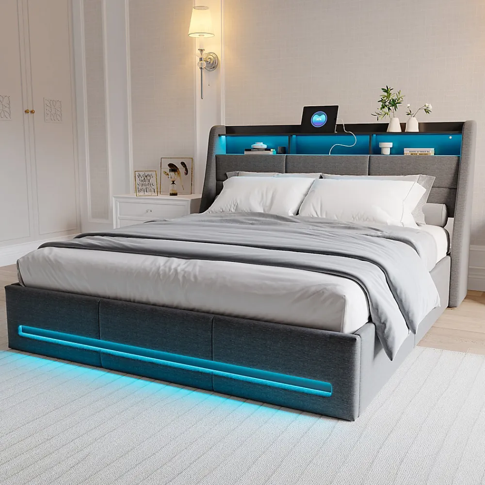 Lit coffre 140x200 cm, avec rangement hydraulique, LED multicolore, USB et tête de lit avec prise, Gris>ProximaX Outlet