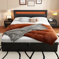 Okwish Lit Coffre 140x190 cm - Capitonné avec LED Multicolores et Rangement - Simili Cuir Noir - Sans Matelas* Lit Coffre