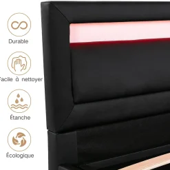 Okwish Lit Coffre 140x190 cm - Capitonné avec LED Multicolores et Rangement - Simili Cuir Noir - Sans Matelas* Lit Coffre