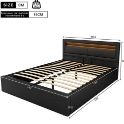 Okwish Lit Coffre 140x190 cm - Capitonné avec LED Multicolores et Rangement - Simili Cuir Noir - Sans Matelas* Lit Coffre