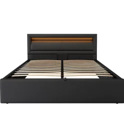 Okwish Lit Coffre 140x190 cm - Capitonné avec LED Multicolores et Rangement - Simili Cuir Noir - Sans Matelas* Lit Coffre