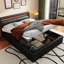 Okwish Lit Coffre 140x190 cm - Capitonné avec LED Multicolores et Rangement - Simili Cuir Noir - Sans Matelas* Lit Coffre