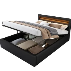 Okwish Lit Coffre 140x190 cm - Capitonné avec LED Multicolores et Rangement - Simili Cuir Noir - Sans Matelas* Lit Coffre