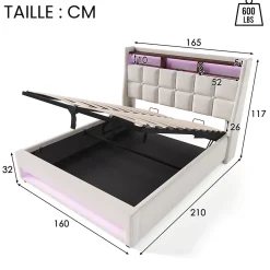 Okwish Lit coffre 160x200 cm - Lit ados avec USB et LED - Lin - Sans Matelas - Beige* Lit Coffre