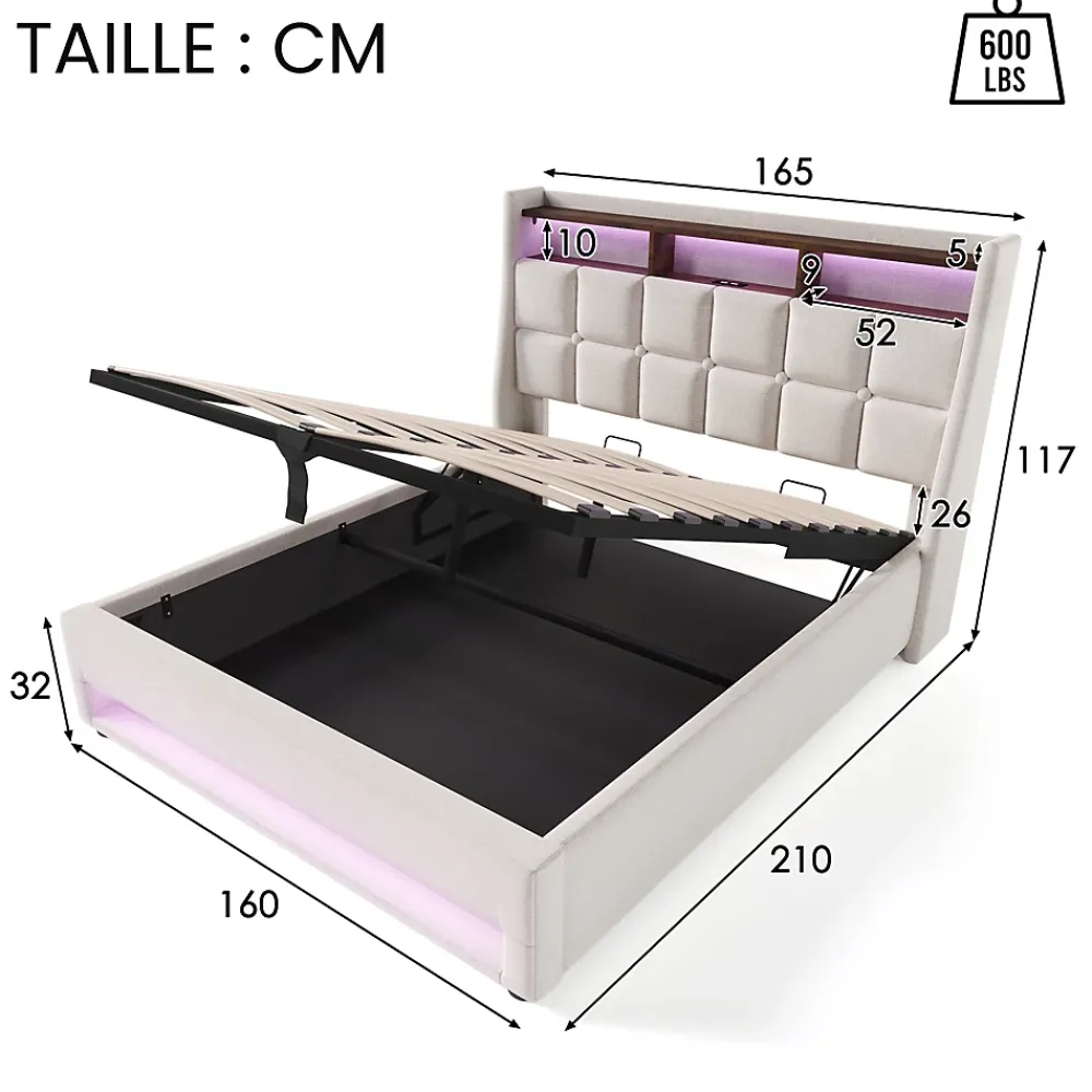 Okwish Lit coffre 160x200 cm - Lit ados avec USB et LED - Lin - Sans Matelas - Beige* Lit Coffre