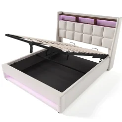 Okwish Lit coffre 160x200 cm - Lit ados avec USB et LED - Lin - Sans Matelas - Beige* Lit Coffre