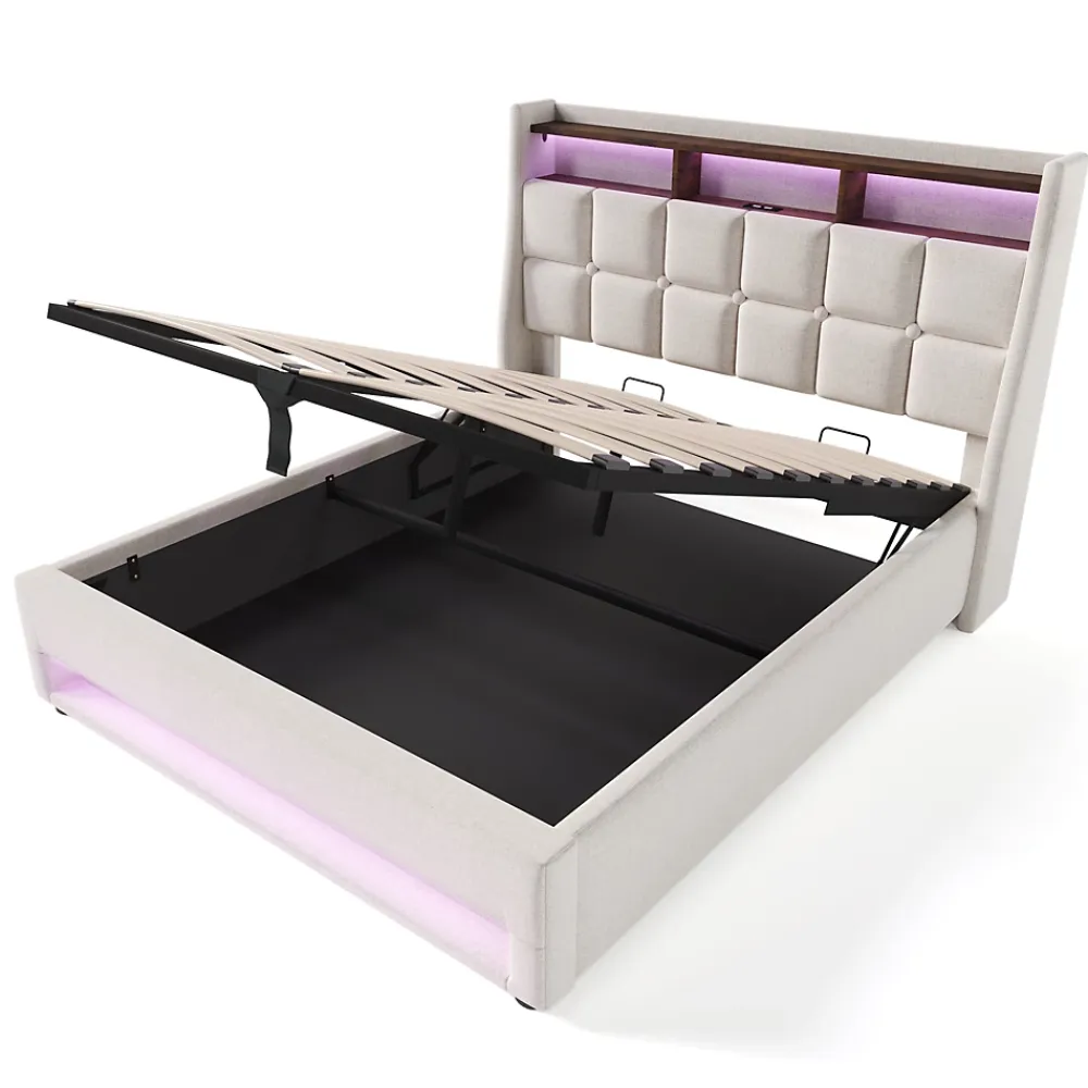 Okwish Lit coffre 160x200 cm - Lit ados avec USB et LED - Lin - Sans Matelas - Beige* Lit Coffre