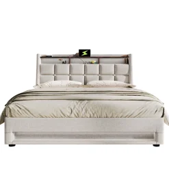 Okwish Lit coffre 160x200 cm - Lit ados avec USB et LED - Lin - Sans Matelas - Beige* Lit Coffre