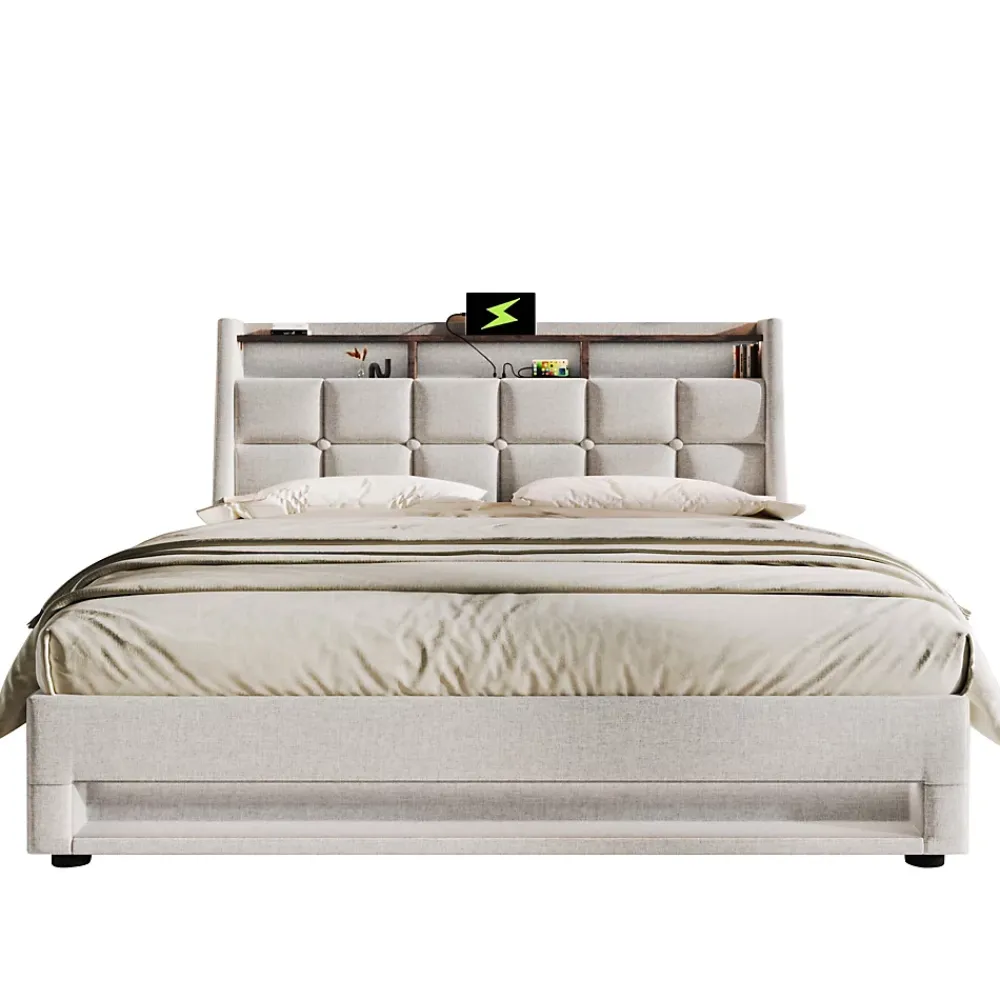 Okwish Lit coffre 160x200 cm - Lit ados avec USB et LED - Lin - Sans Matelas - Beige* Lit Coffre