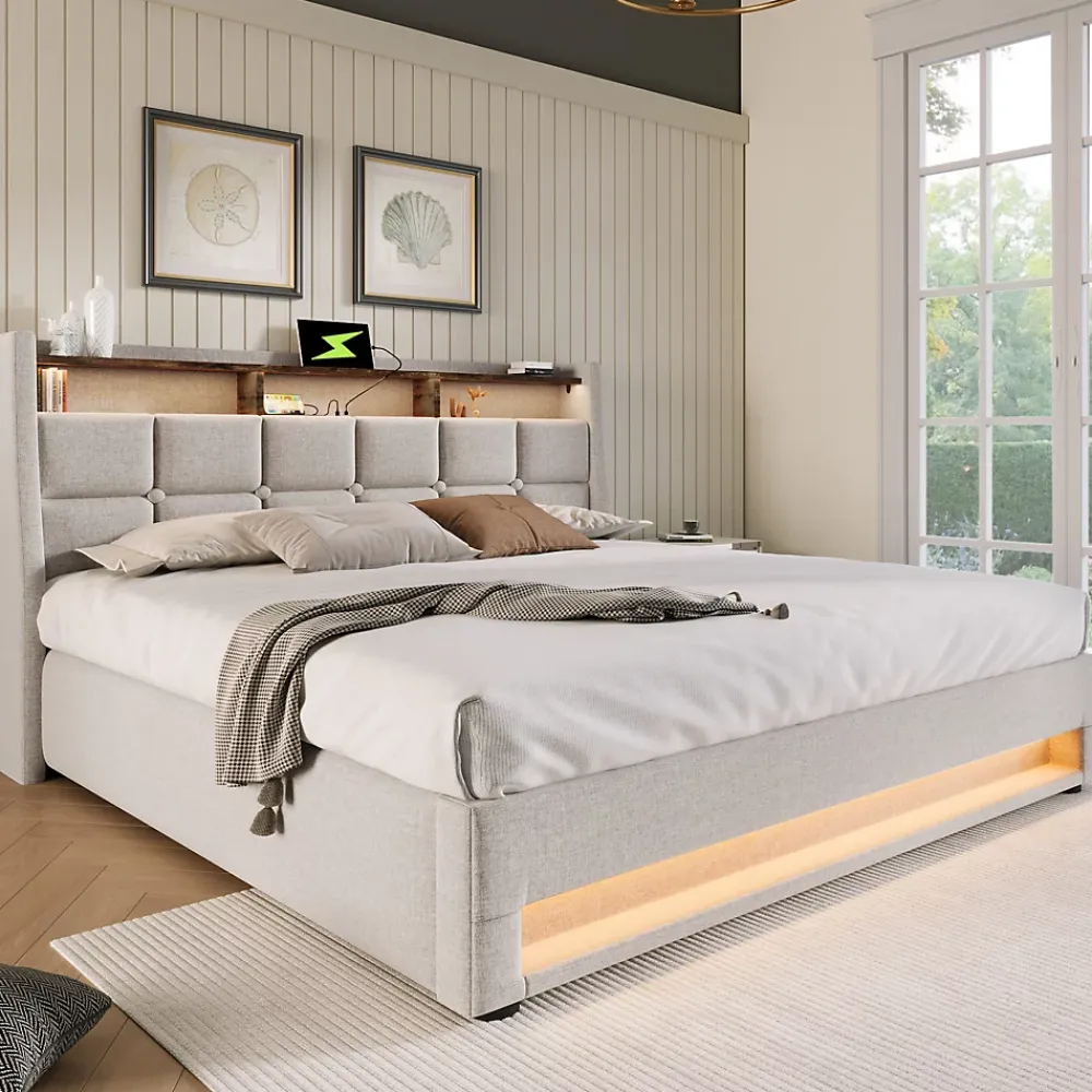 Okwish Lit coffre 160x200 cm - Lit ados avec USB et LED - Lin - Sans Matelas - Beige* Lit Coffre