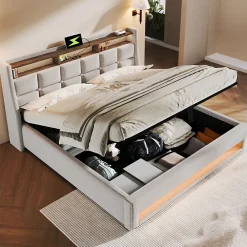 Lit coffre 180x200 cm - Lit ados avec USB et LED - Lin - Sans Matelas - Beige>Okwish Discount