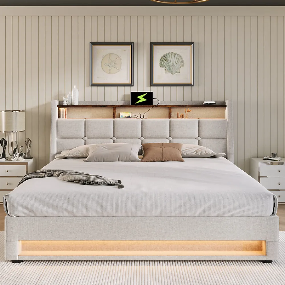 Lit coffre 180x200 cm - Lit ados avec USB et LED - Lin - Sans Matelas - Beige>Okwish Discount