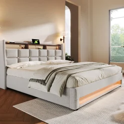 Lit coffre 180x200 cm - Lit ados avec USB et LED - Lin - Sans Matelas - Beige><noscript><img width=