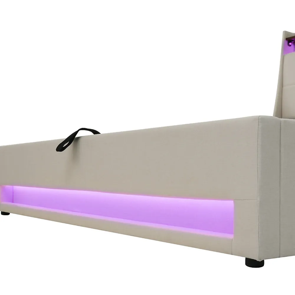 Lit coffre 180x200 cm - Lit ados avec USB et LED - Lin - Sans Matelas - Beige>Okwish Discount