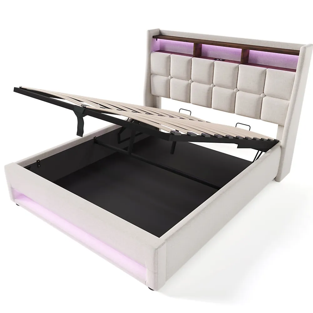 Lit coffre 180x200 cm - Lit ados avec USB et LED - Lin - Sans Matelas - Beige>Okwish Discount
