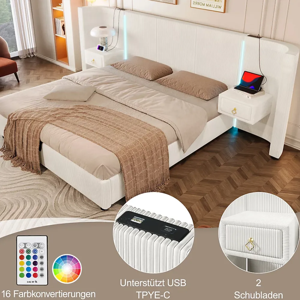Okwish Lit Coffre 180x200 cm - Lit Adulte avec LED et 2 Tiroirs - Velours + MDF - Sans Matelas - Beige* Lit Coffre