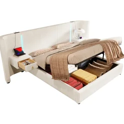 Okwish Lit Coffre 180x200 cm - Lit Adulte avec LED et 2 Tiroirs - Velours + MDF - Sans Matelas - Beige* Lit Coffre