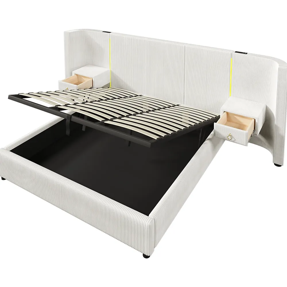 Okwish Lit Coffre 180x200 cm - Lit Adulte avec LED et 2 Tiroirs - Velours + MDF - Sans Matelas - Beige* Lit Coffre