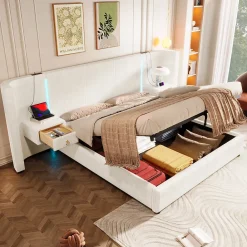 Okwish Lit Coffre 180x200 cm - Lit Adulte avec LED et 2 Tiroirs - Velours + MDF - Sans Matelas - Beige* Lit Coffre