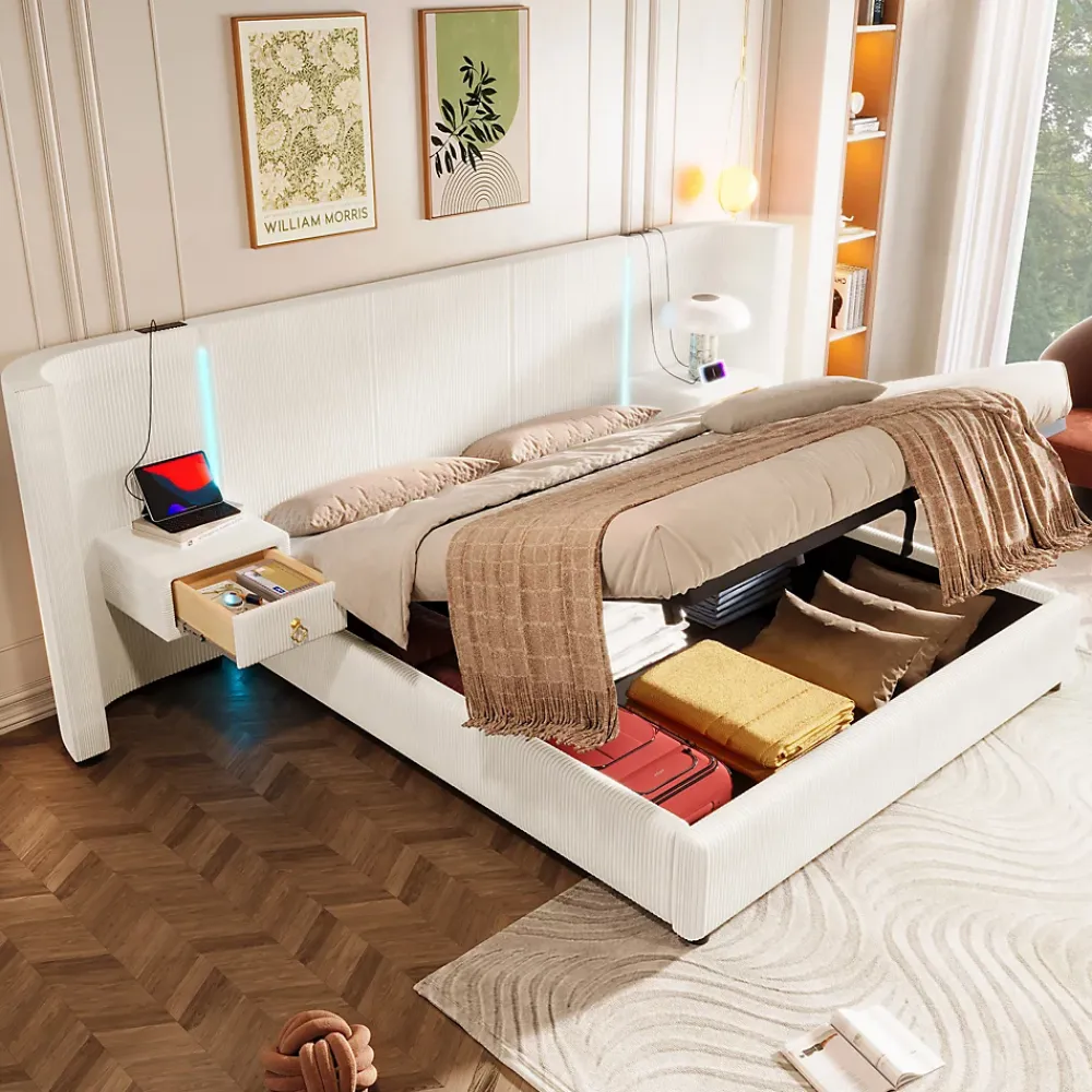 Okwish Lit Coffre 180x200 cm - Lit Adulte avec LED et 2 Tiroirs - Velours + MDF - Sans Matelas - Beige* Lit Coffre
