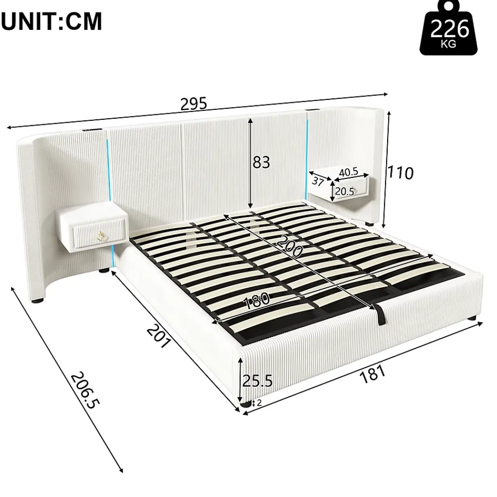 Okwish Lit Coffre 180x200 cm - Lit Adulte avec LED et 2 Tiroirs - Velours + MDF - Sans Matelas - Beige* Lit Coffre