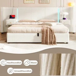 Okwish Lit Coffre 180x200 cm - Lit Adulte avec LED et 2 Tiroirs - Velours + MDF - Sans Matelas - Beige* Lit Coffre