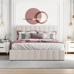 Lit Coffre 140x200 cm - Lit avec Rangement Intégré et Mécanisme Hydraulique, en Velours Blanc, Sans Matelas>Okwish Best