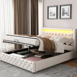 Lit Coffre 140x190 cm - Lit Capitonné avec Rangement et LED, Sommier à Lattes Inclus, Simili Cuir - sans Matelas - Blanc>Okwish Online